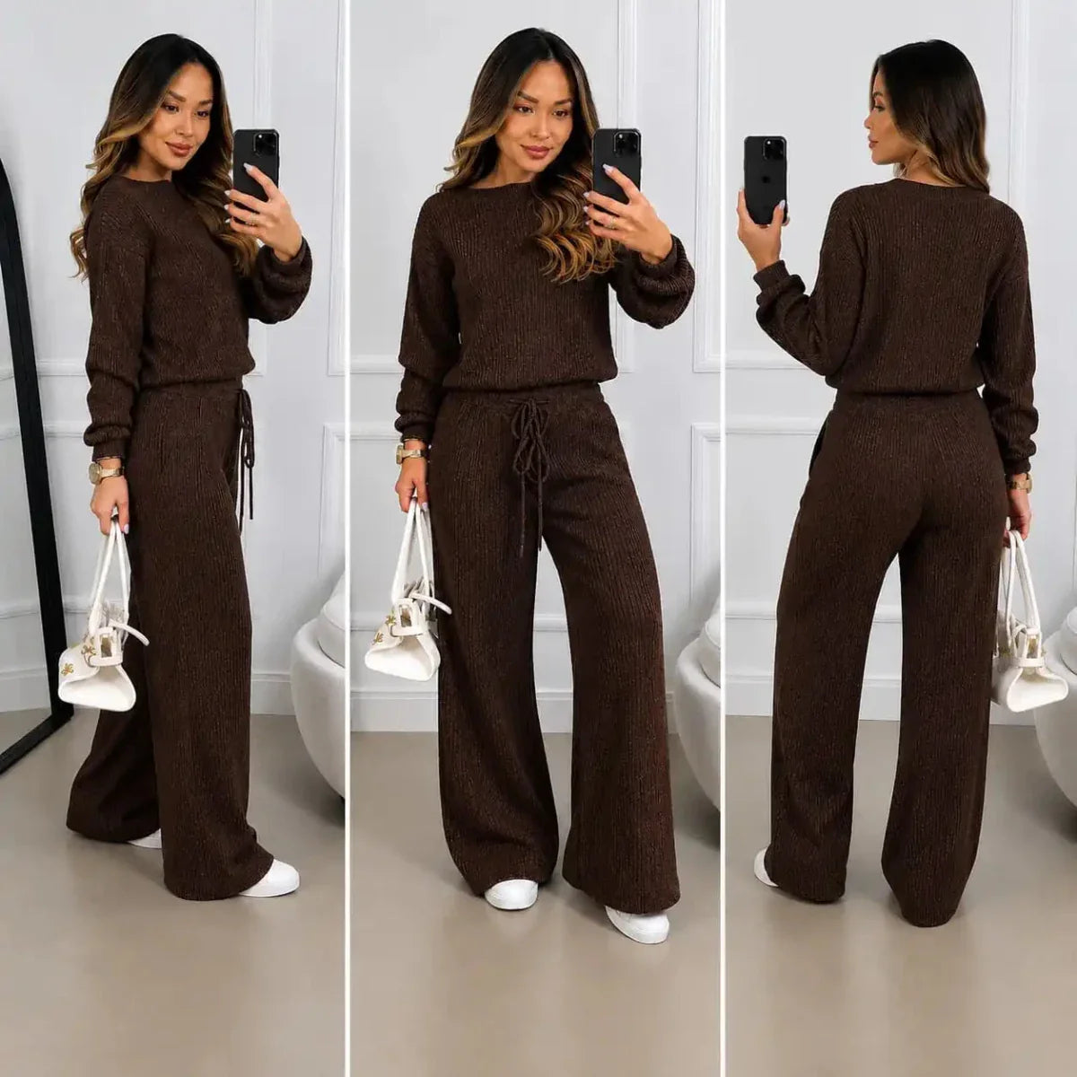 Kit 2 Conjuntos Feminino Canelado em Tricot (Blusa + Calça) | PROMOÇÃO OUTONO/INVERNO